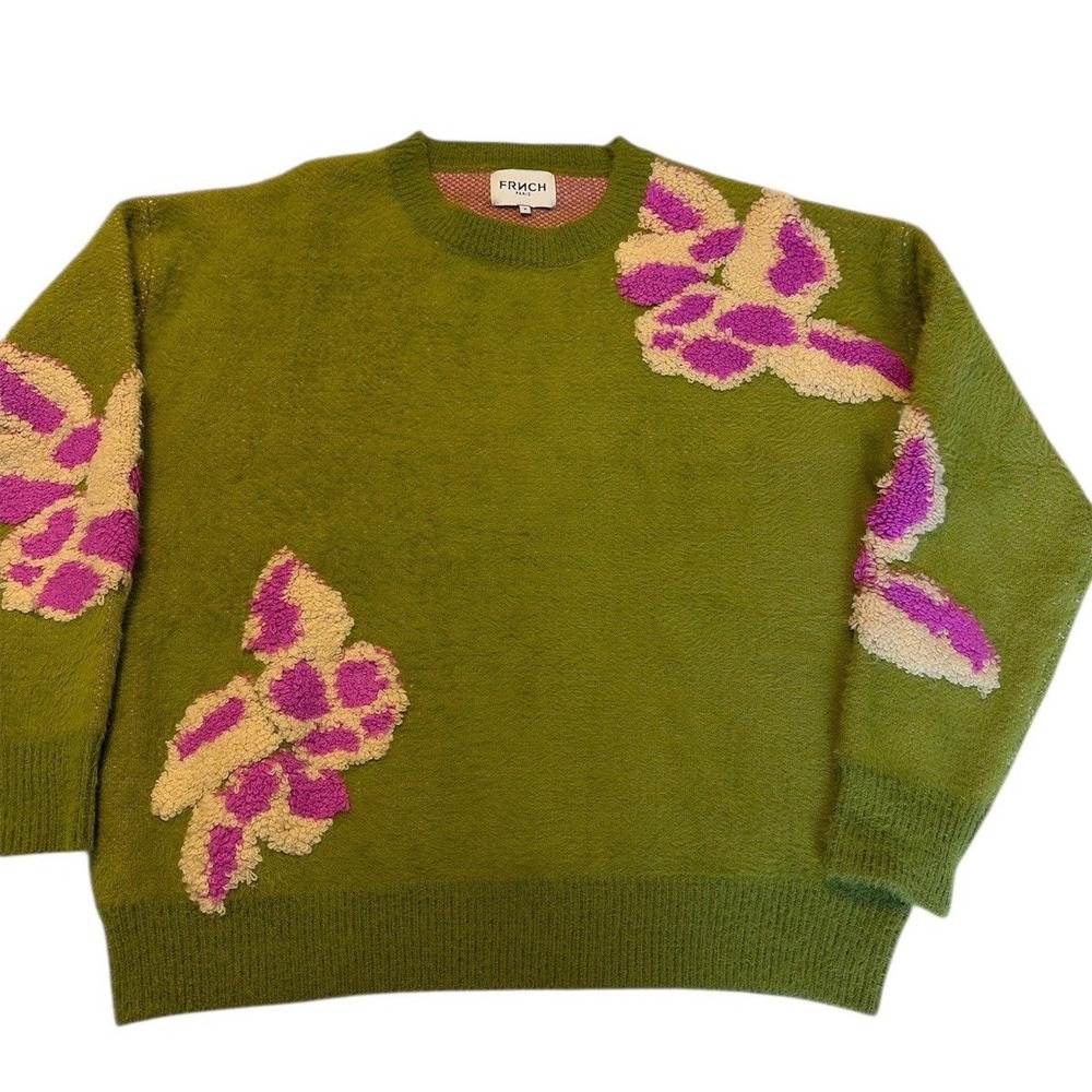 FRNCH Paris Women's Ulyssia Floral  Appliqué Sweater Green Pink Size Medium SOFT